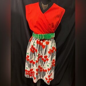 Vintage 1970’s Leslie Fay Red and Green Floral Belted Dress